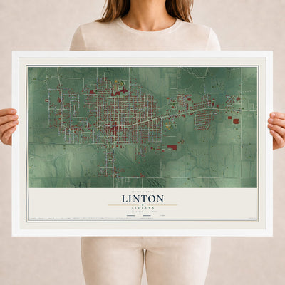 Map of Linton, Indiana, 18 x 24 inch print in a white wood frame