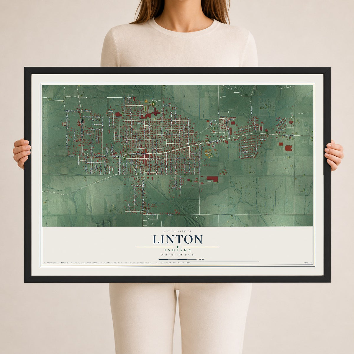 Map of Linton, Indiana, 24 x 36 inch print in a black wood frame