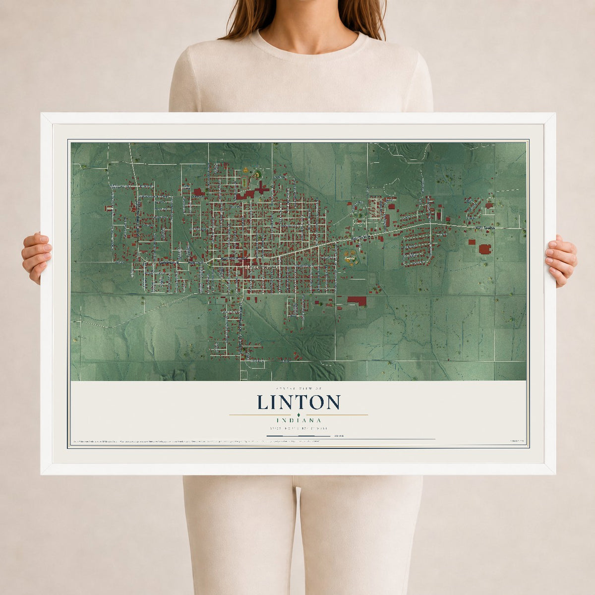 Map of Linton, Indiana, 24 x 36 inch print in a white wood frame