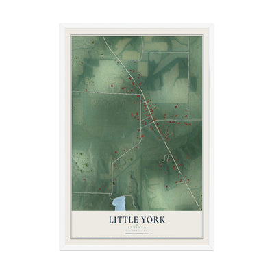Map of Little York, Indiana, 12 x 18 inch print in a white wood frame