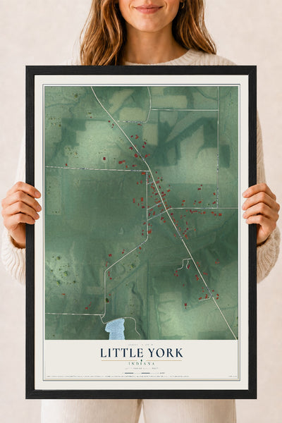 Map of Little York, Indiana, 18 x 24 inch print in a black wood frame