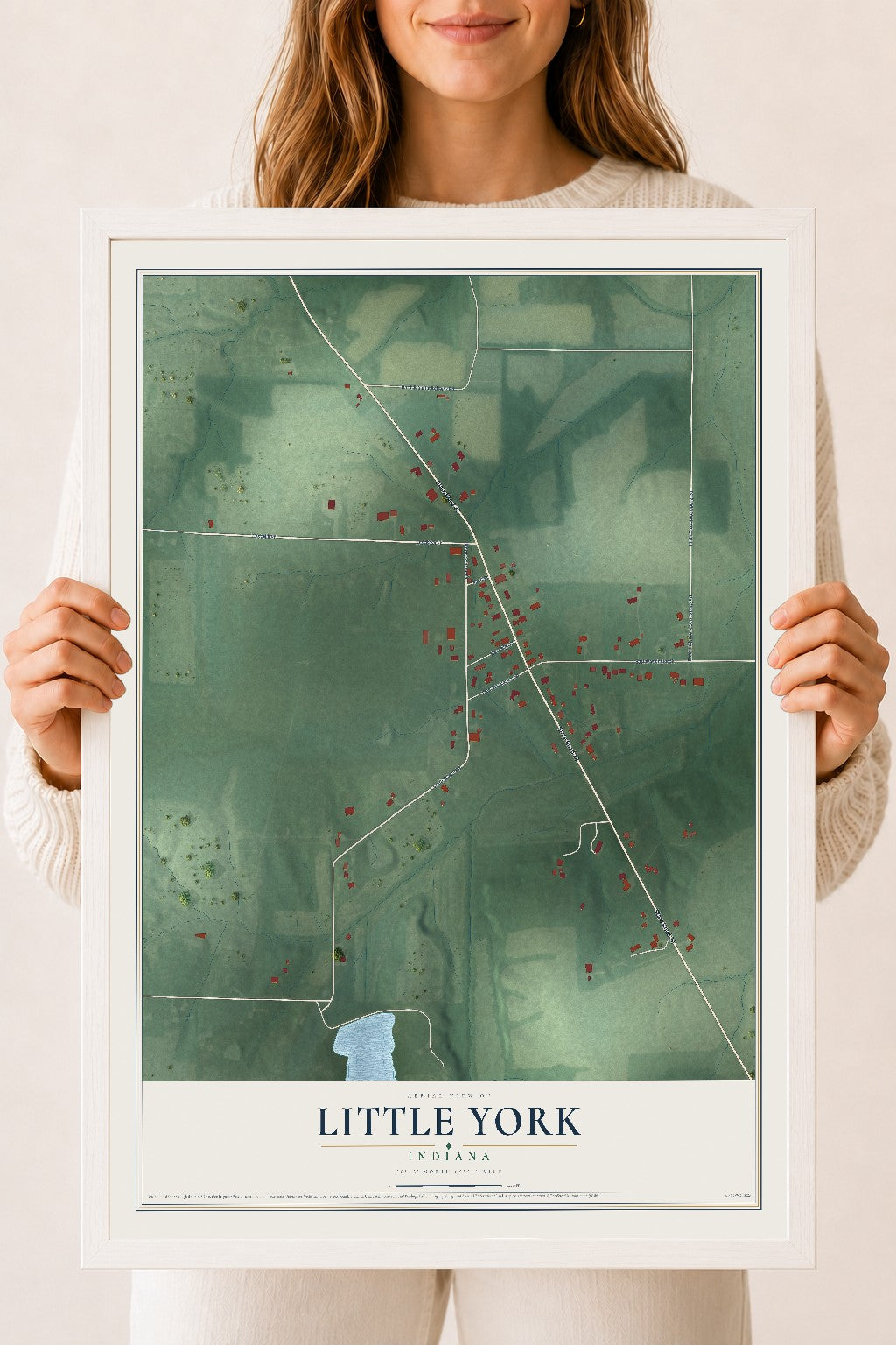 Map of Little York, Indiana, 18 x 24 inch print in a white wood frame