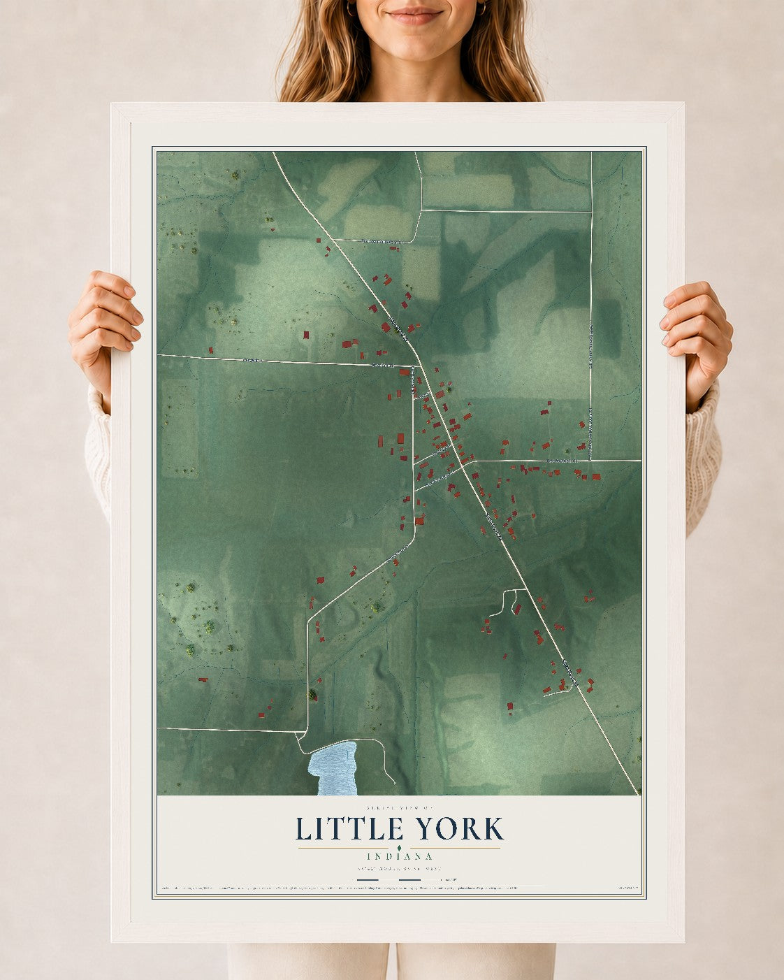 Map of Little York, Indiana, 24 x 36 inch print in a white wood frame
