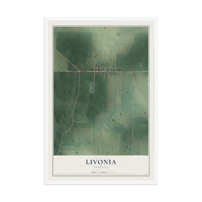 Map of Livonia, Indiana, 12 x 18 inch print in a white wood frame