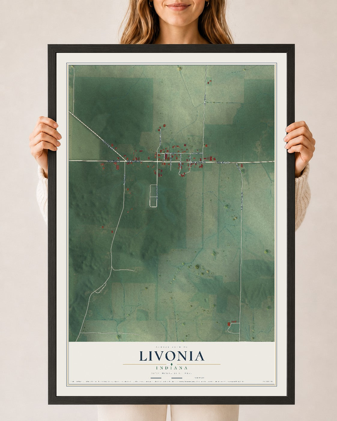 Map of Livonia, Indiana, 24 x 36 inch print in a black wood frame