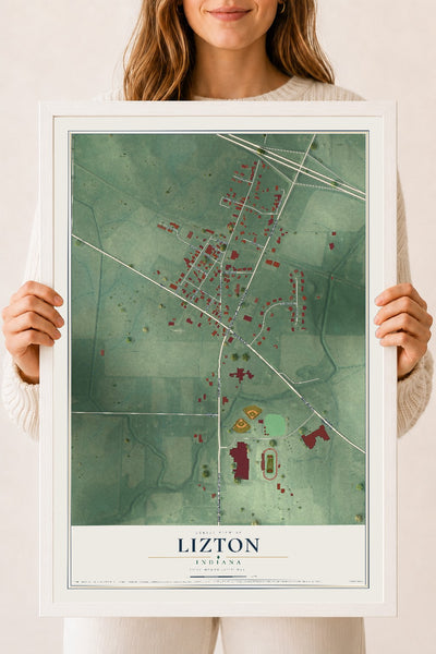 Map of Lizton, Indiana, 18 x 24 inch print in a white wood frame