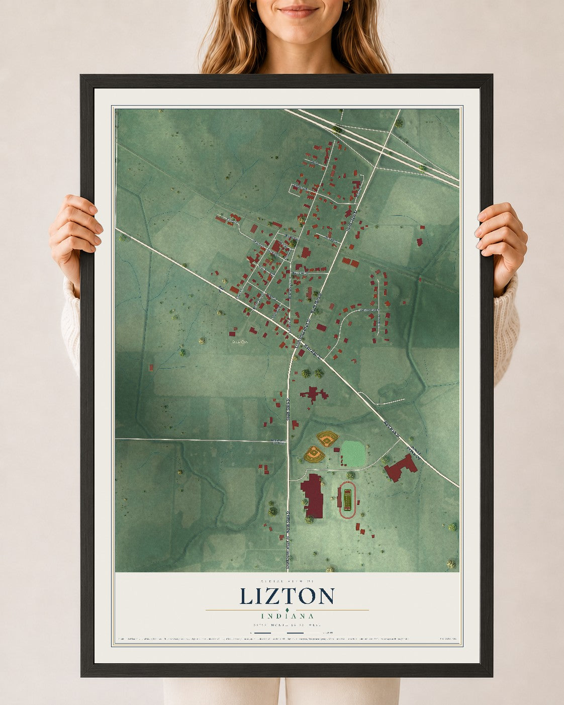 Map of Lizton, Indiana, 24 x 36 inch print in a black wood frame