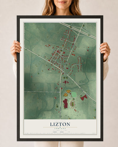 Map of Lizton, Indiana, 24 x 36 inch print in a black wood frame