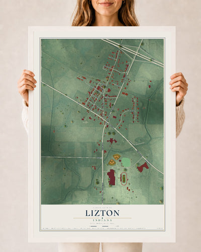 Map of Lizton, Indiana, 24 x 36 inch print in a white wood frame