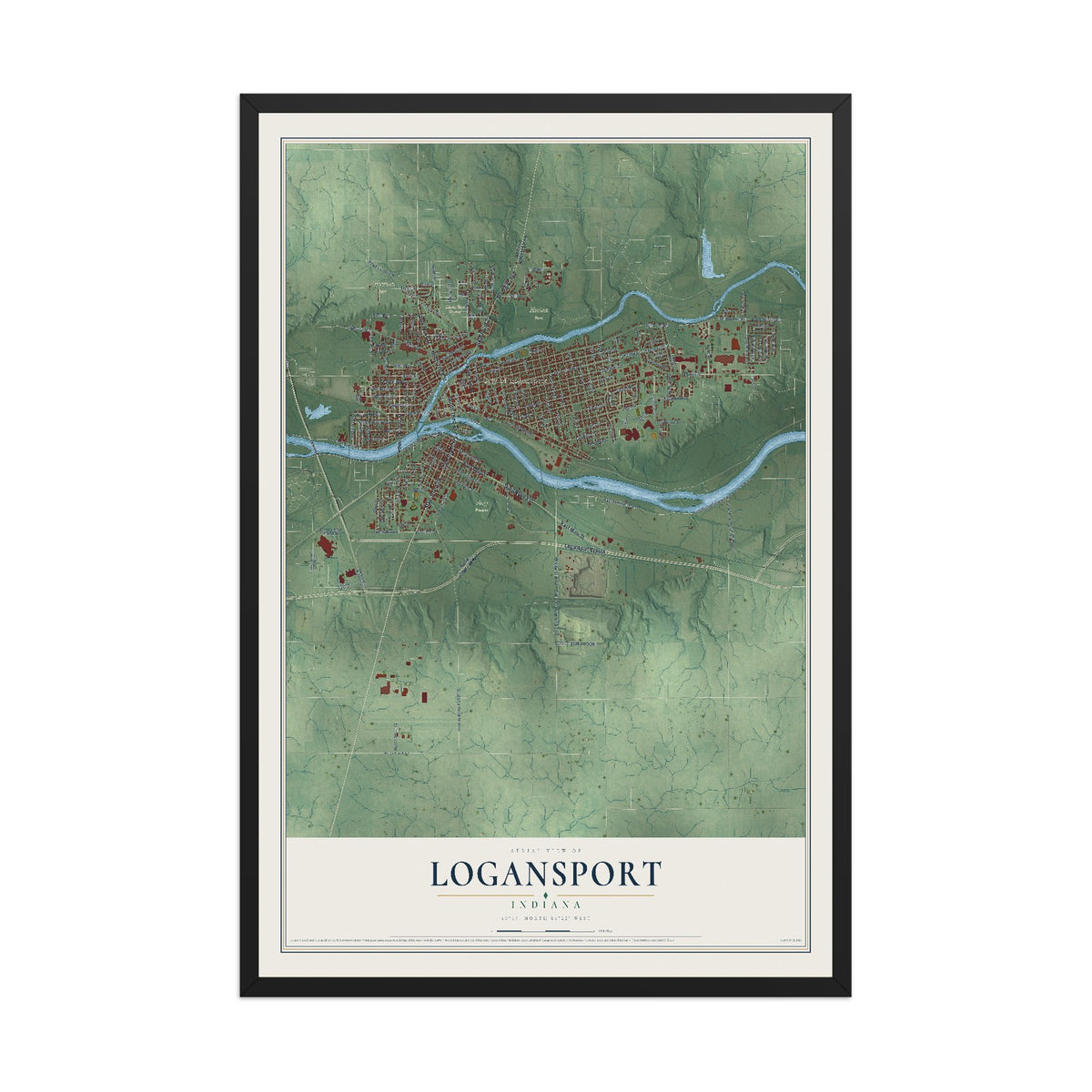 Map of Logansport, Indiana, 12 x 18 inch print in a black wood frame
