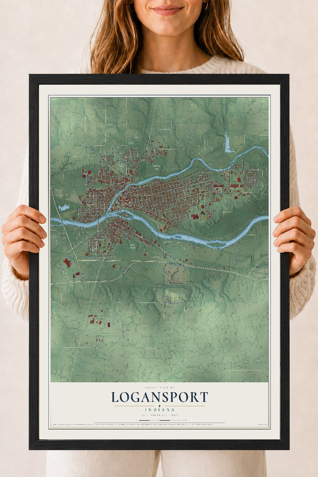Map of Logansport, Indiana, 18 x 24 inch print in a black wood frame