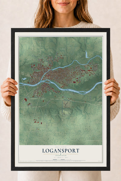 Map of Logansport, Indiana, 18 x 24 inch print in a black wood frame