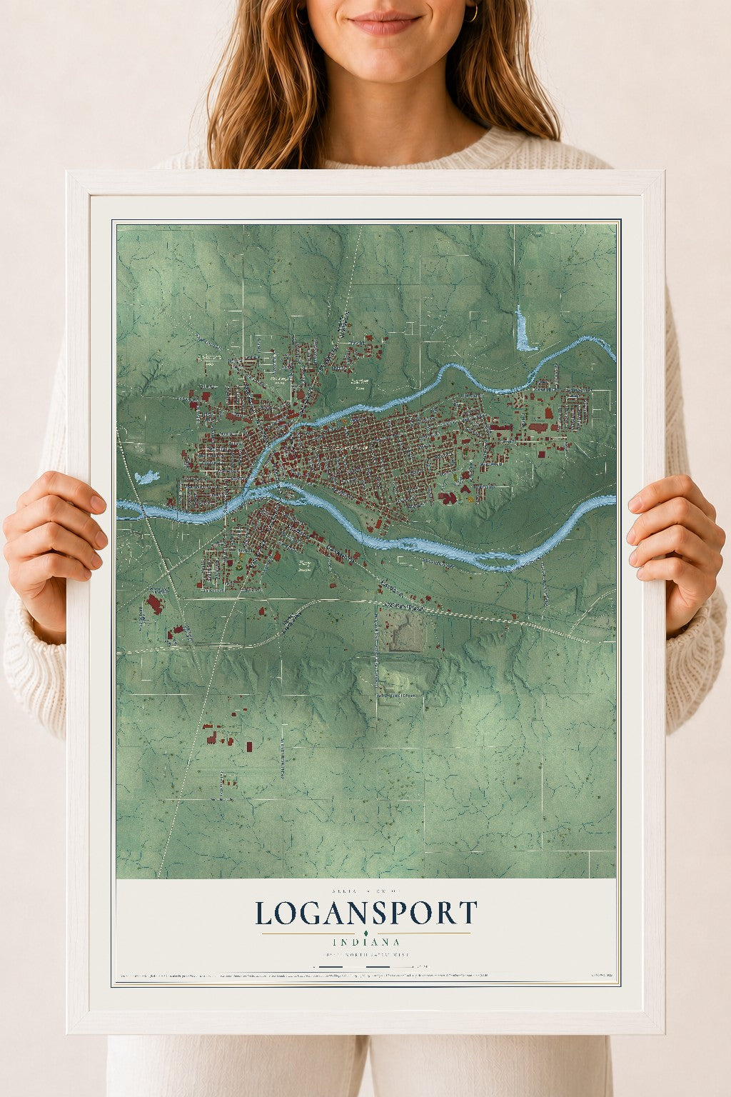 Map of Logansport, Indiana, 18 x 24 inch print in a white wood frame