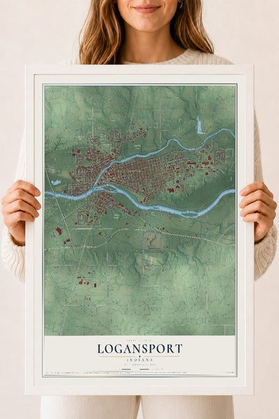 Map of Logansport, Indiana, 18 x 24 inch print in a white wood frame