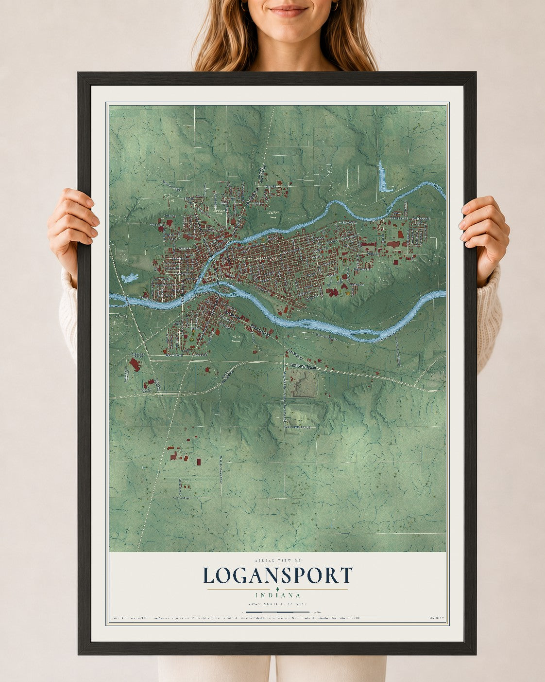 Map of Logansport, Indiana, 24 x 36 inch print in a black wood frame