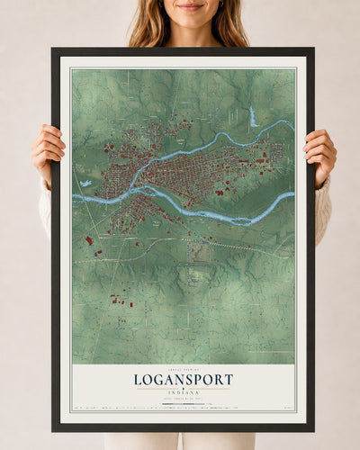 Map of Logansport, Indiana, 24 x 36 inch print in a black wood frame
