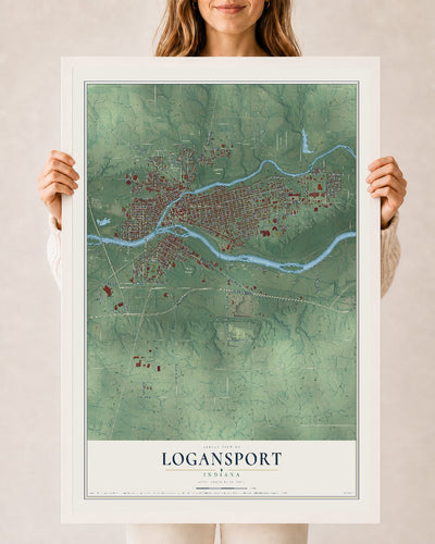 Map of Logansport, Indiana, 24 x 36 inch print in a white wood frame