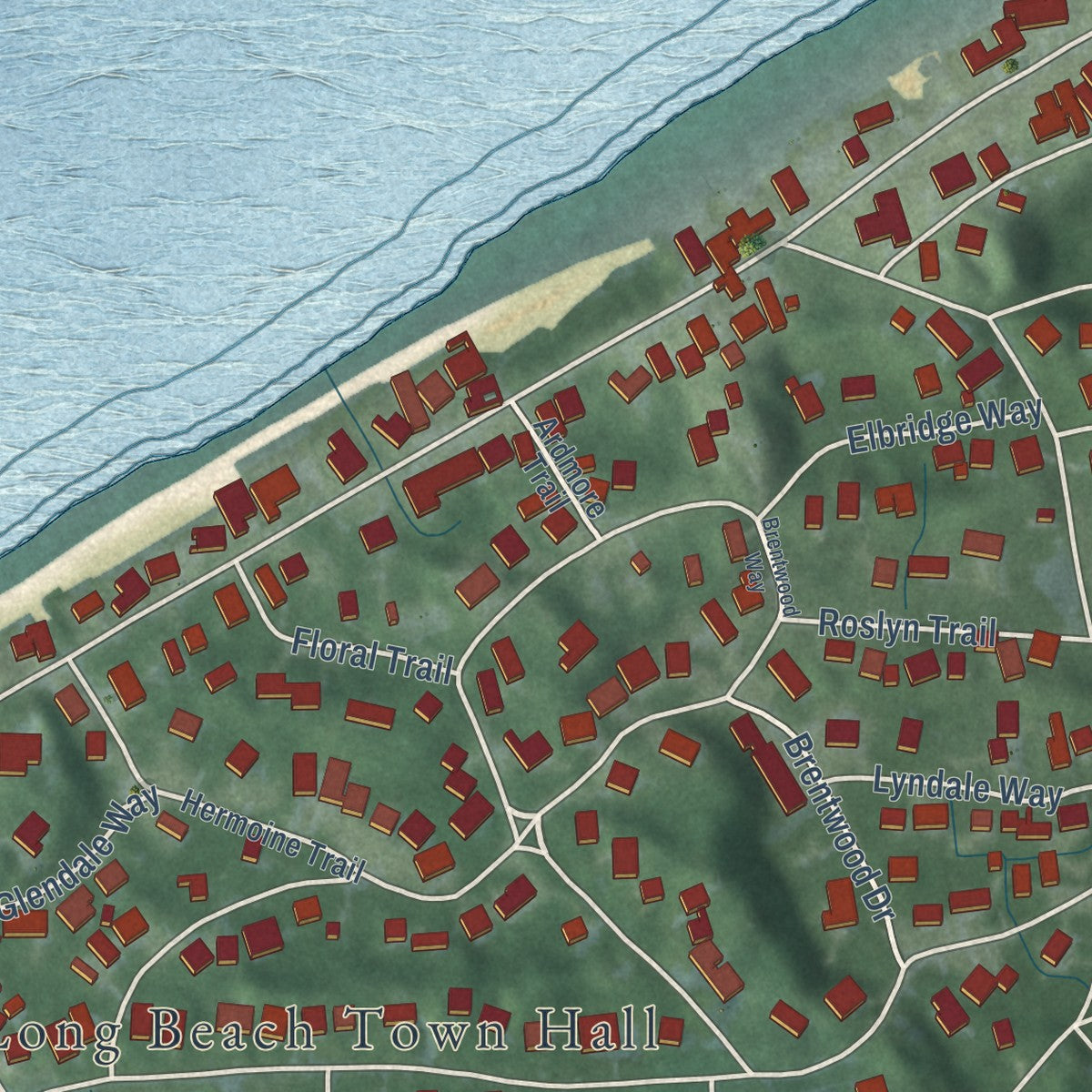 Close-up of the map of Long Beach, Indiana print showing street and building detail