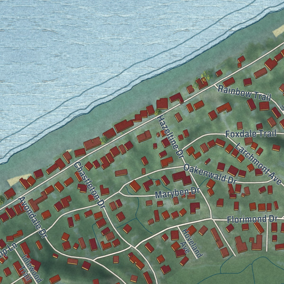 Second close-up of the map of Long Beach, Indiana print showing more streets and buildings