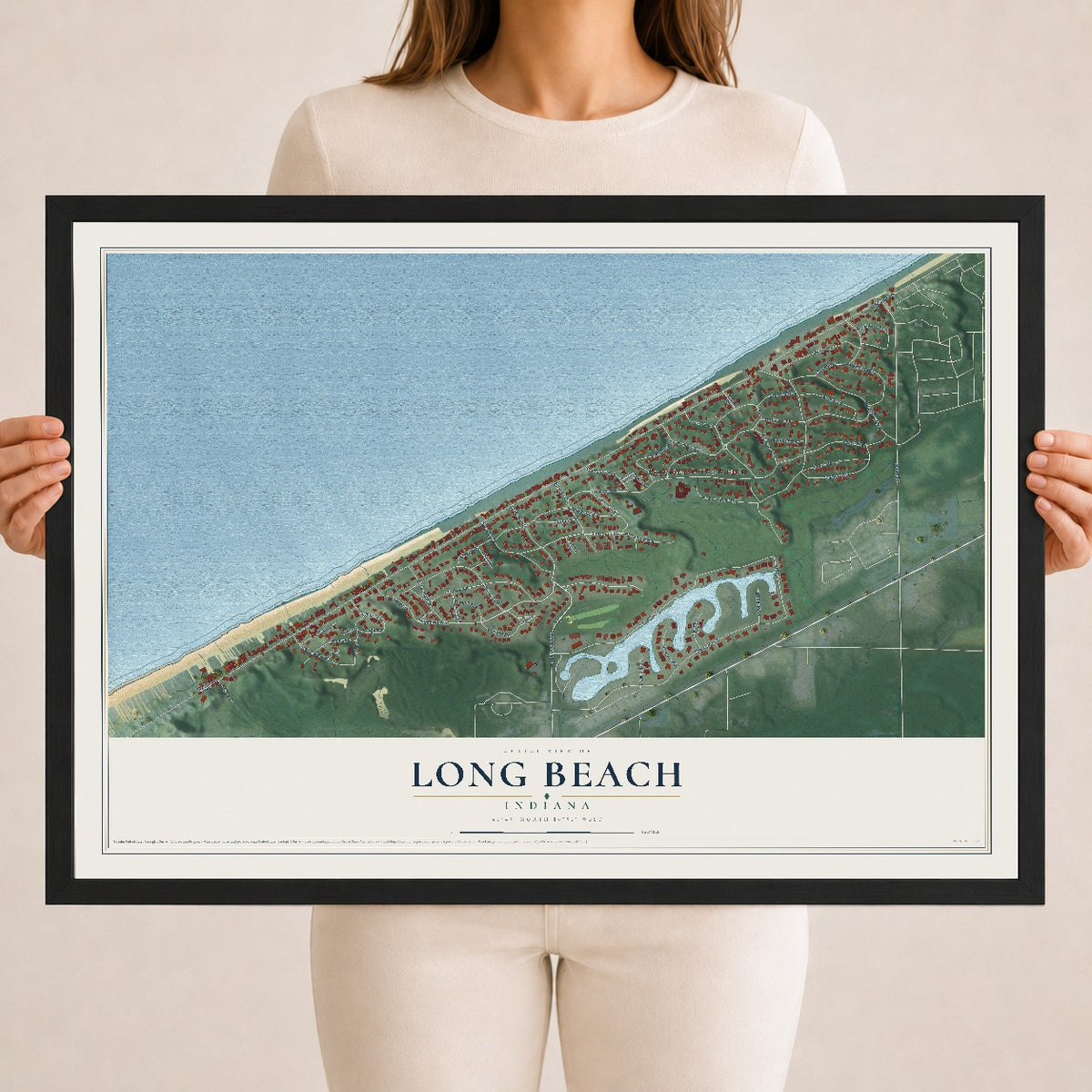 Map of Long Beach, Indiana, 18 x 24 inch print in a black wood frame