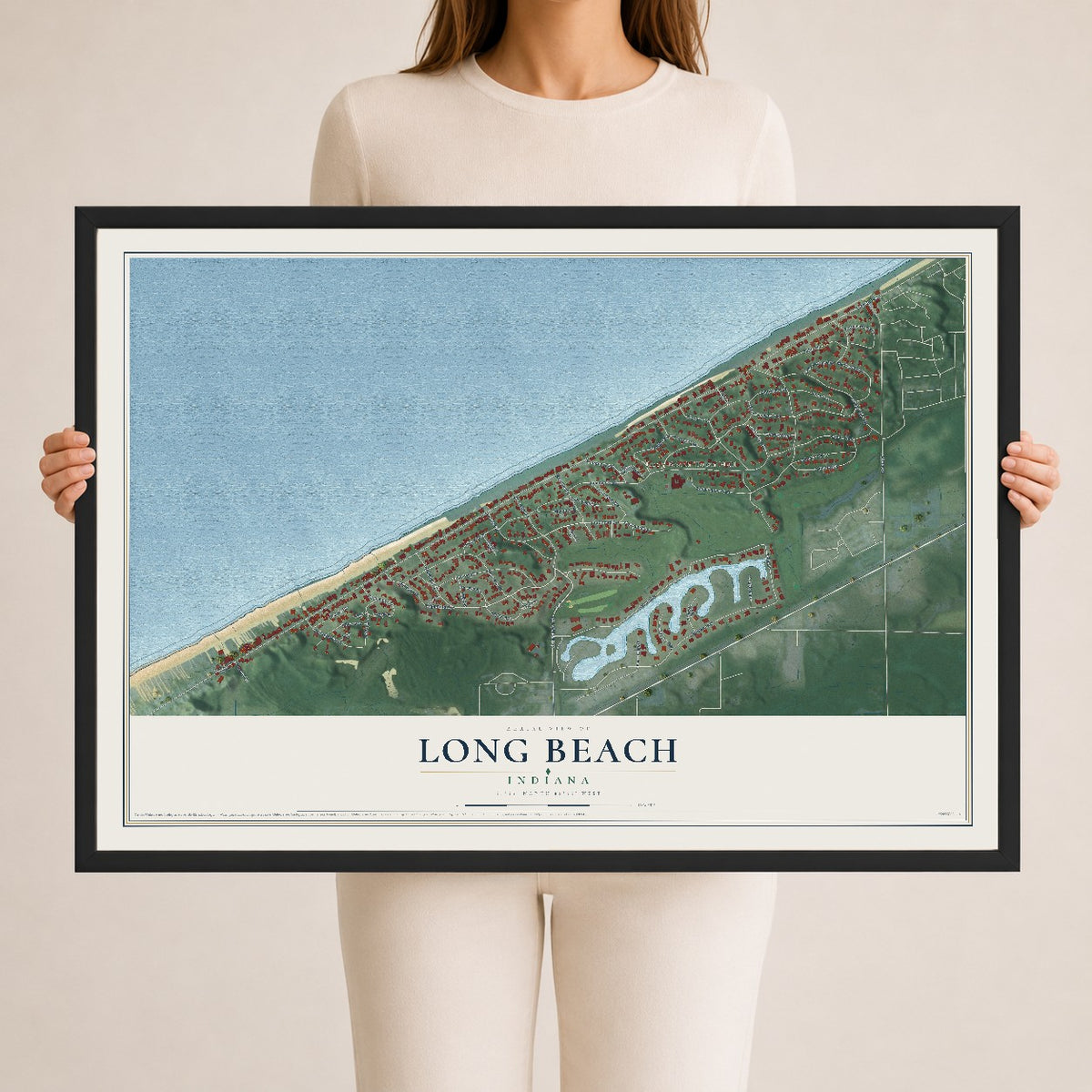 Map of Long Beach, Indiana, 24 x 36 inch print in a black wood frame