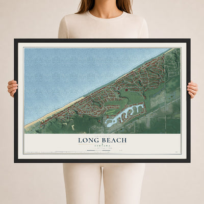 Map of Long Beach, Indiana, 24 x 36 inch print in a black wood frame