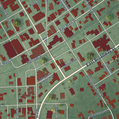 Close-up of the map of Loogootee, Indiana print showing street and building detail