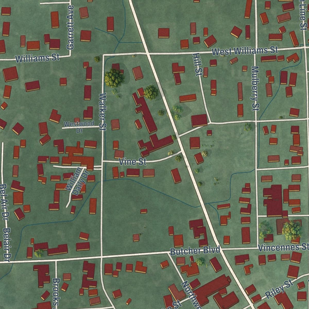 Second close-up of the map of Loogootee, Indiana print showing more streets and buildings