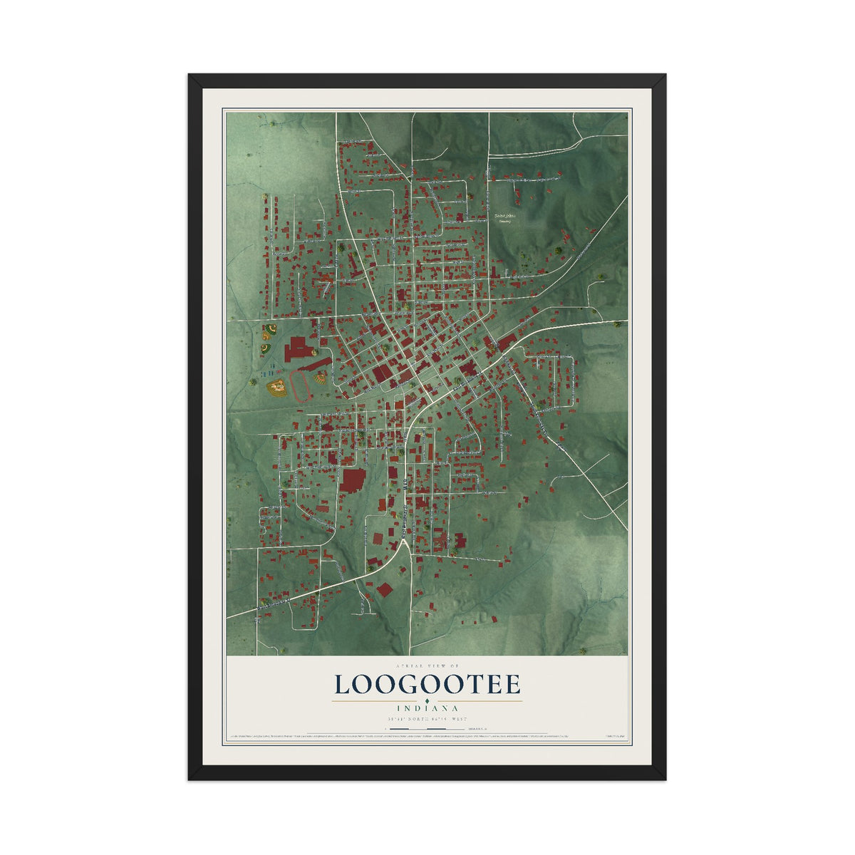 Map of Loogootee, Indiana, 12 x 18 inch print in a black wood frame