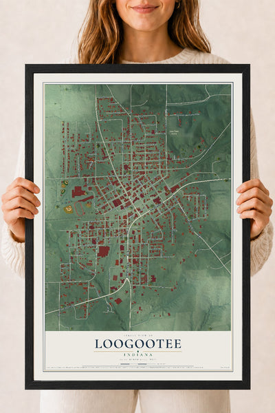 Map of Loogootee, Indiana, 18 x 24 inch print in a black wood frame