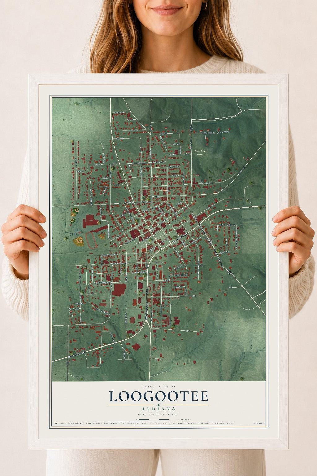 Map of Loogootee, Indiana, 18 x 24 inch print in a white wood frame