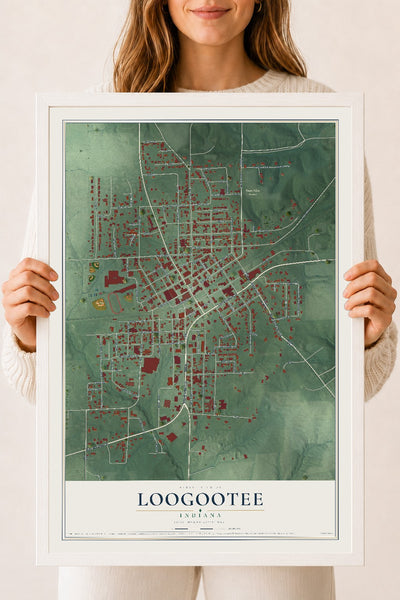 Map of Loogootee, Indiana, 18 x 24 inch print in a white wood frame