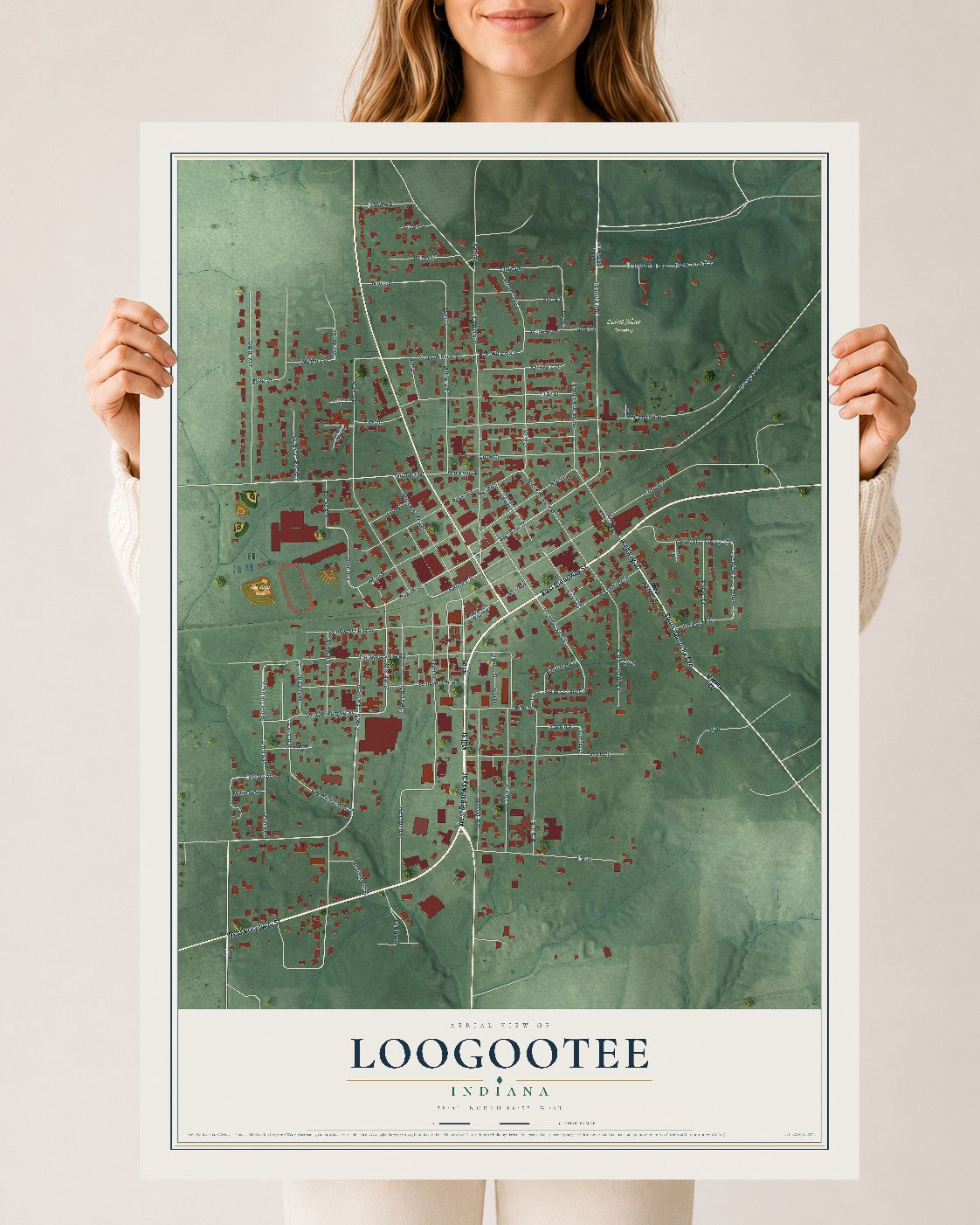 Map of Loogootee, Indiana, 24 x 36 inch unframed archival matte print