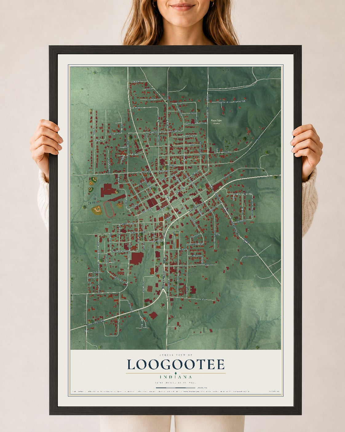 Map of Loogootee, Indiana, 24 x 36 inch print in a black wood frame