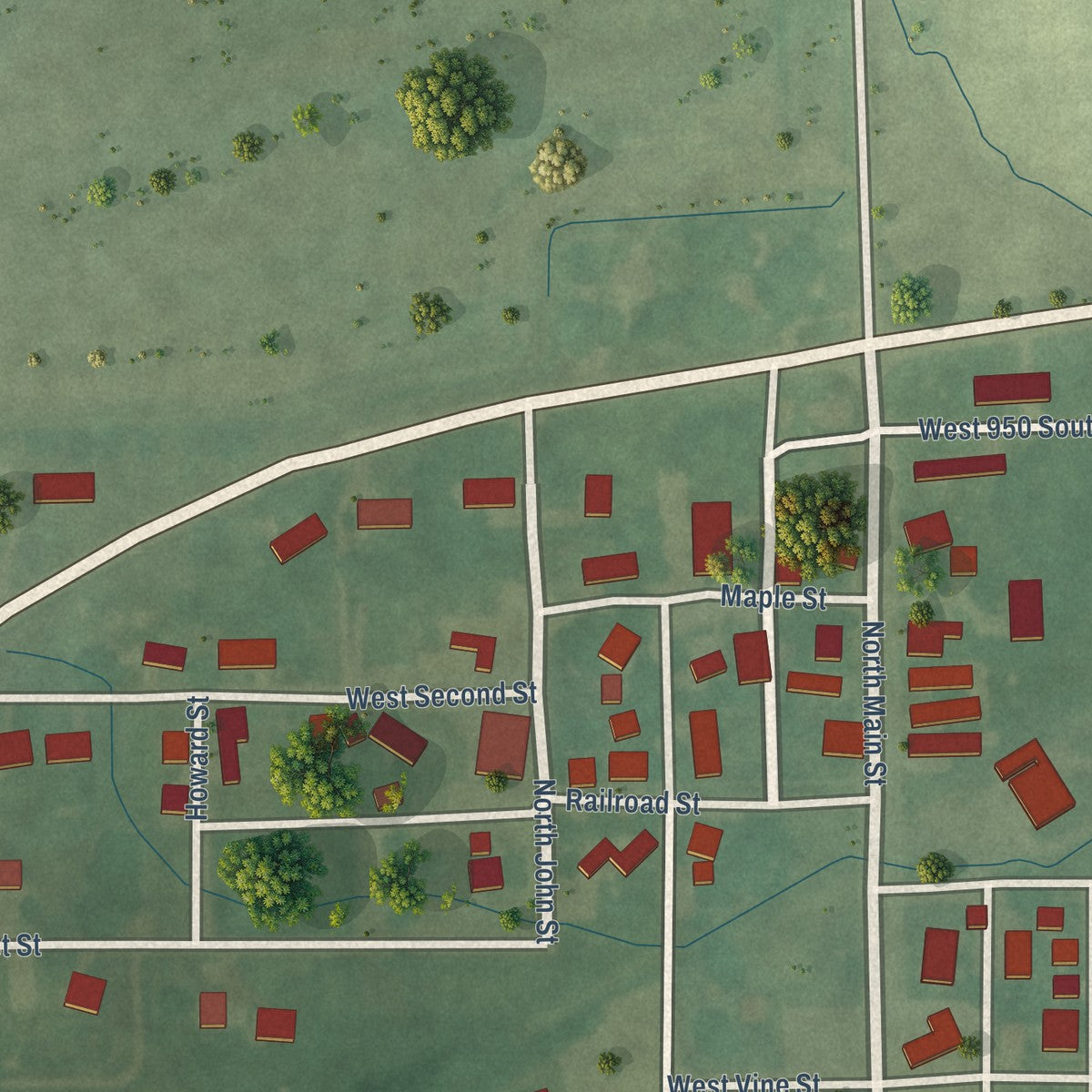 Close-up of the map of Losantville, Indiana print showing street and building detail
