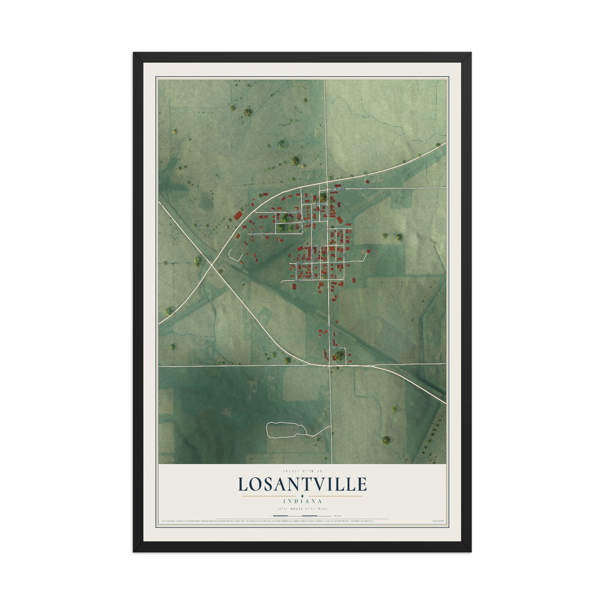 Map of Losantville, Indiana, 12 x 18 inch print in a black wood frame