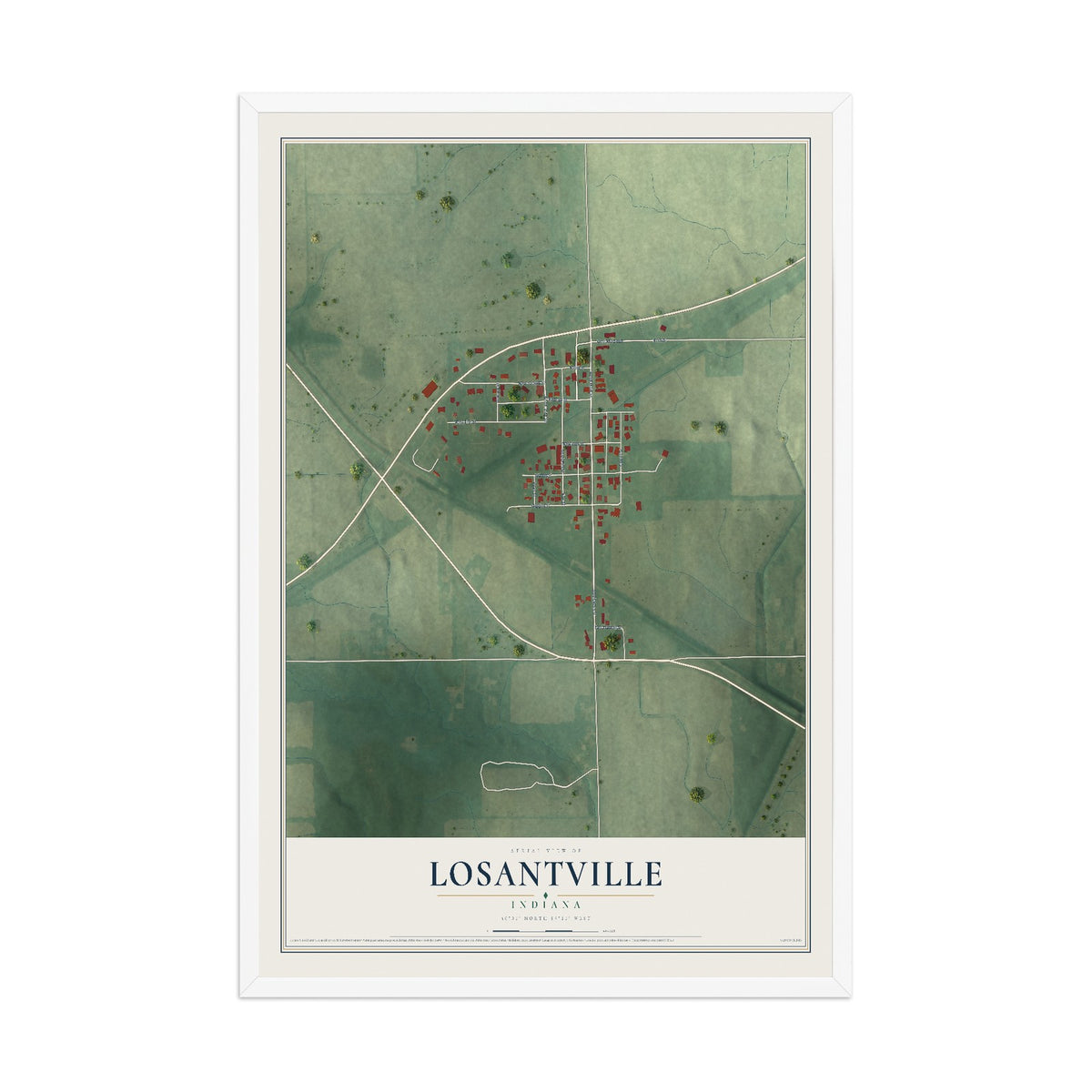 Map of Losantville, Indiana, 12 x 18 inch print in a white wood frame