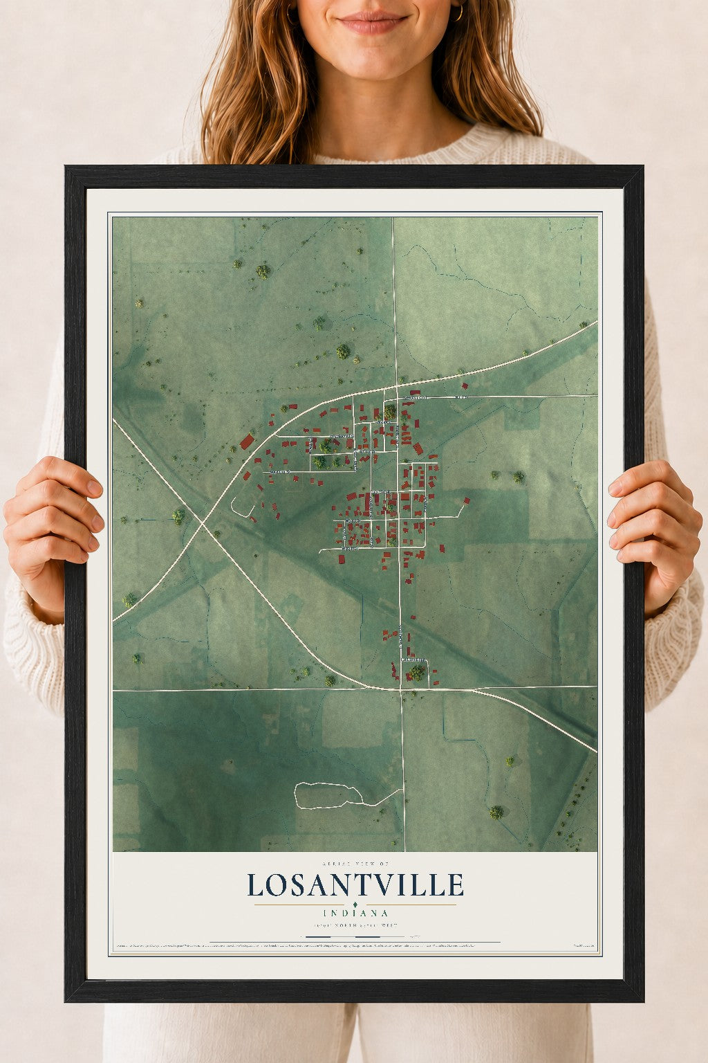 Map of Losantville, Indiana, 18 x 24 inch print in a black wood frame