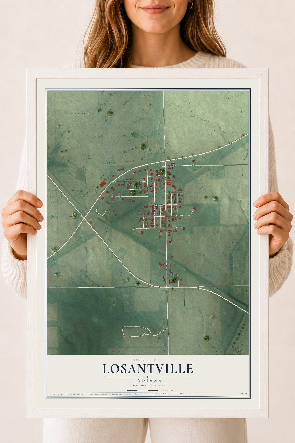 Map of Losantville, Indiana, 18 x 24 inch print in a white wood frame