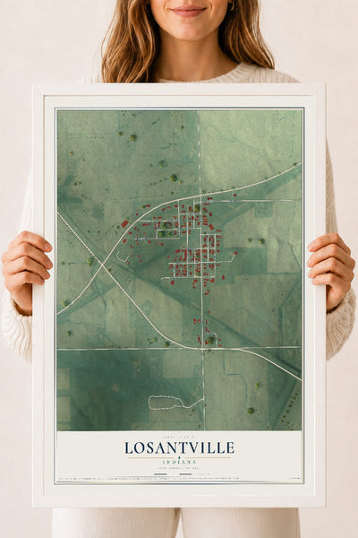 Map of Losantville, Indiana, 18 x 24 inch print in a white wood frame