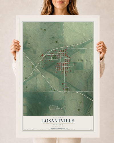 Map of Losantville, Indiana, 24 x 36 inch print in a white wood frame