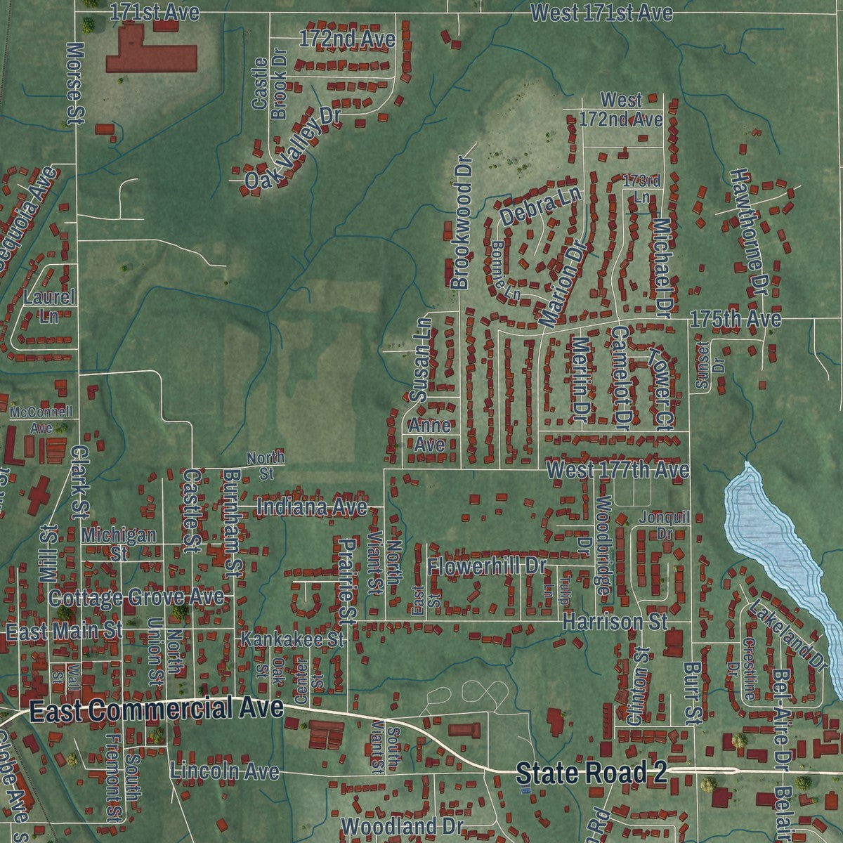 Close-up of the map of Lowell, Indiana print showing street and building detail