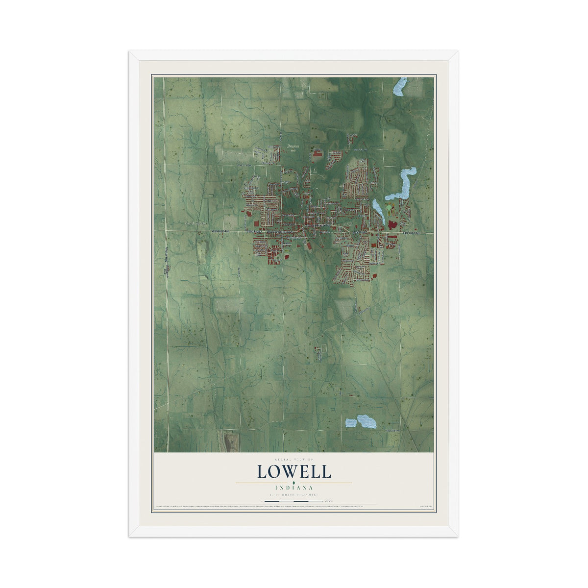 Map of Lowell, Indiana, 12 x 18 inch print in a white wood frame