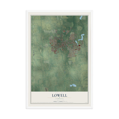 Map of Lowell, Indiana, 12 x 18 inch print in a white wood frame