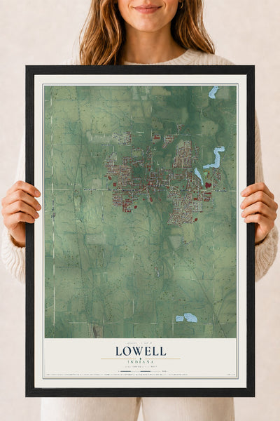Map of Lowell, Indiana, 18 x 24 inch print in a black wood frame