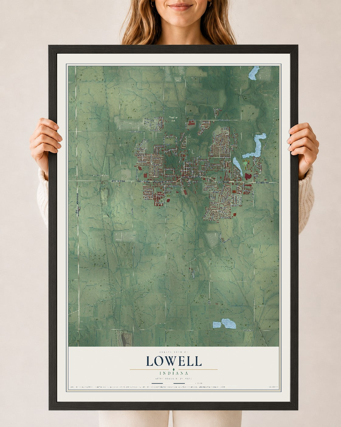 Map of Lowell, Indiana, 24 x 36 inch print in a black wood frame