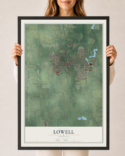 Map of Lowell, Indiana, 24 x 36 inch print in a black wood frame