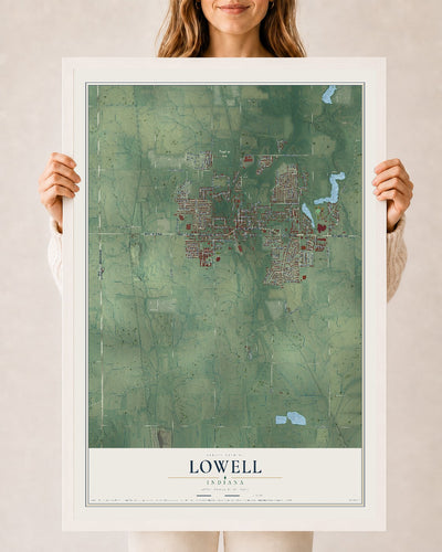 Map of Lowell, Indiana, 24 x 36 inch print in a white wood frame