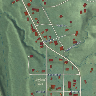 Close-up of the map of Lyford, Indiana print showing street and building detail