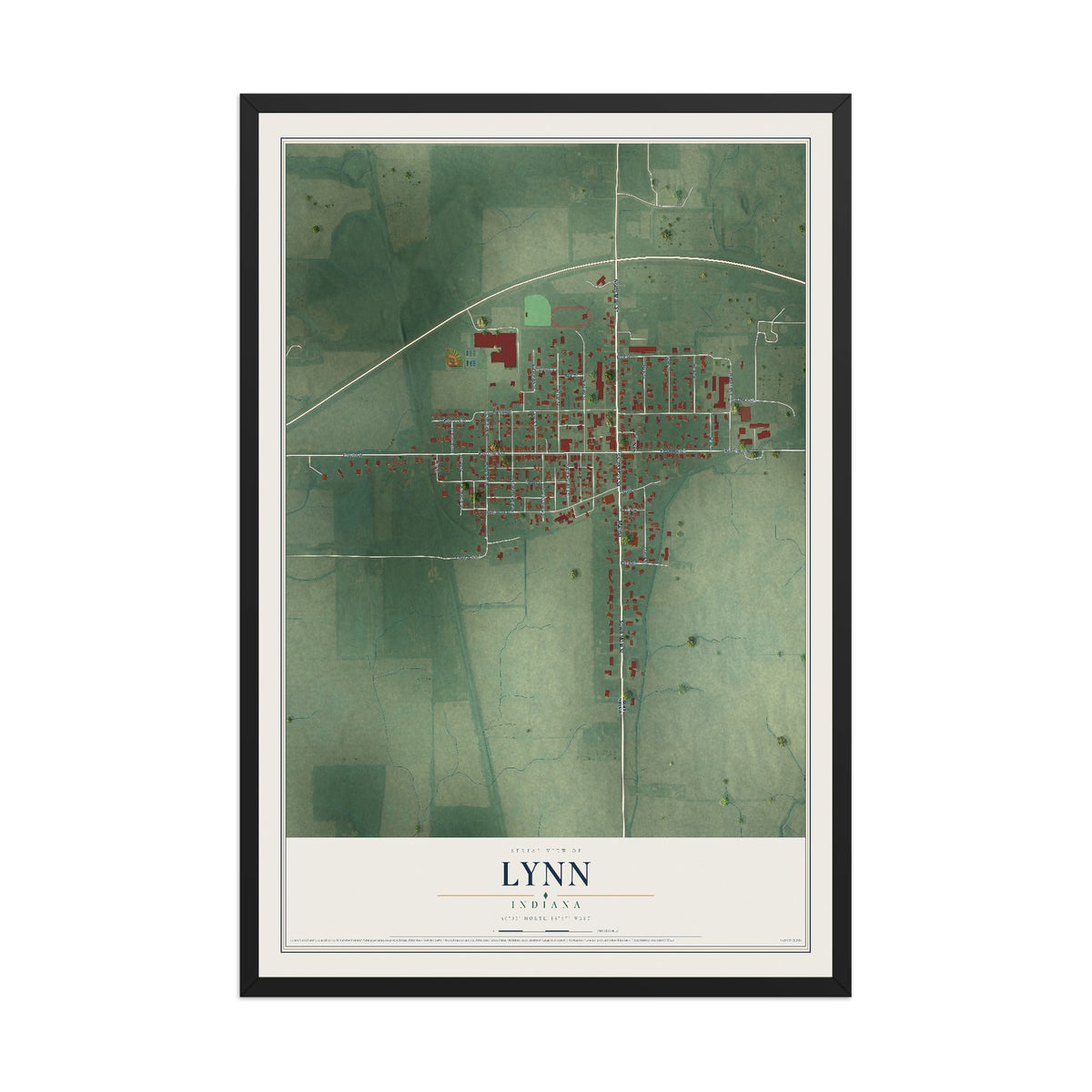 Map of Lynn, Indiana, 12 x 18 inch print in a black wood frame